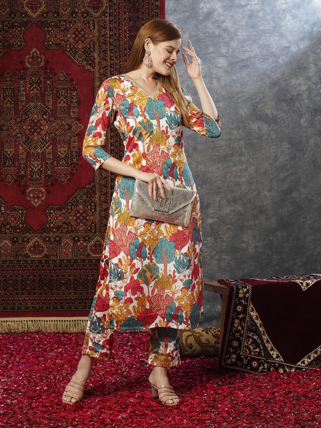 ANNI DESIGNER Women s Rayon Blend Kurta with Pants, white, XL