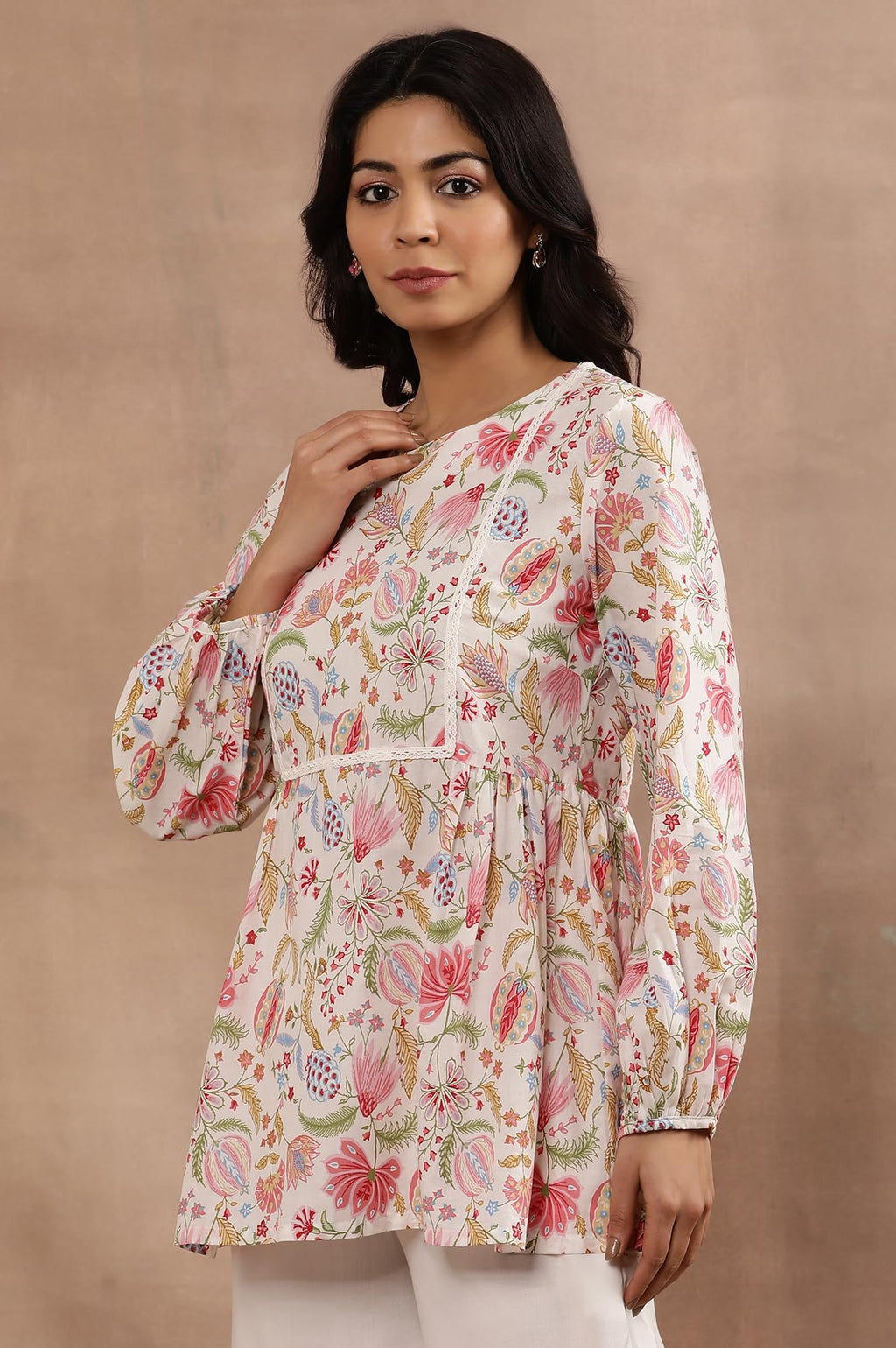 W Ecru Floral Printed Cotton Top And Pant For Women