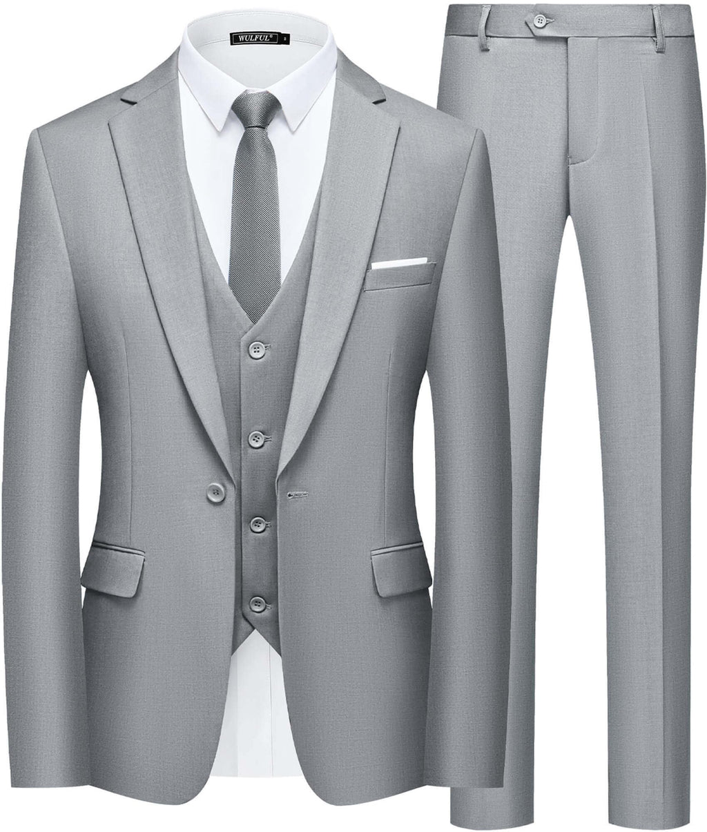 WULFUL Mens Slim Fit Suit One Button 3-Piece Blazer Dress Business Wedding Party Jacket Vest & Pant Light Grey