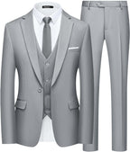WULFUL Mens Slim Fit Suit One Button 3-Piece Blazer Dress Business Wedding Party Jacket Vest & Pant Light Grey