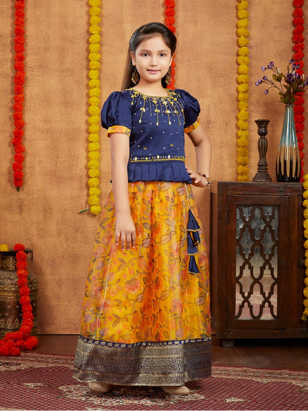 Aarika Girls Ethnic Wear Navy Blue Colour Beads Hand Embroidery Silk Lehenga Choli Set (4-10 Years)