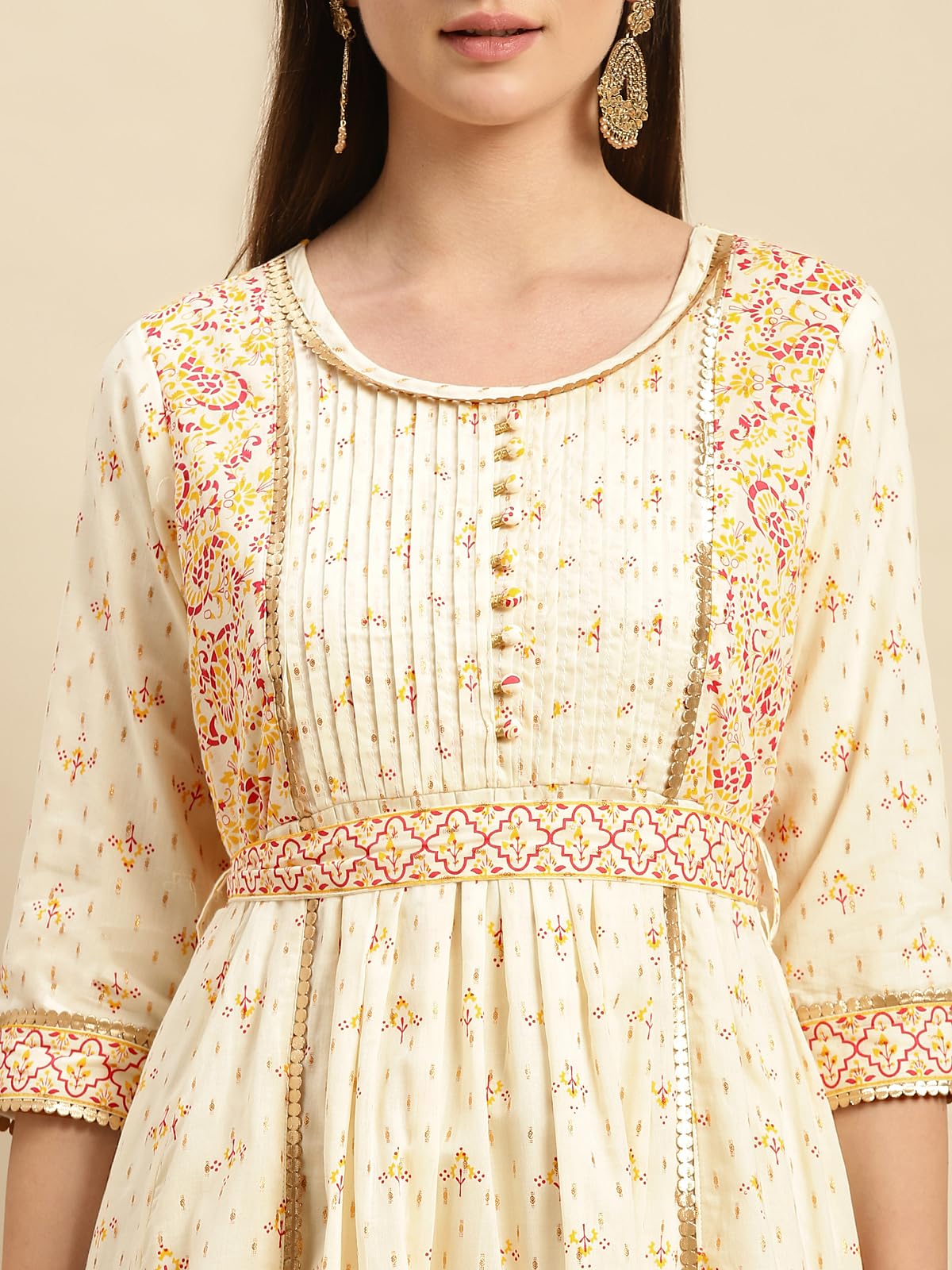 Rangita Cream Cotton Calf Length Embroidered Anarkali Kurti For Women | Kurta For Women