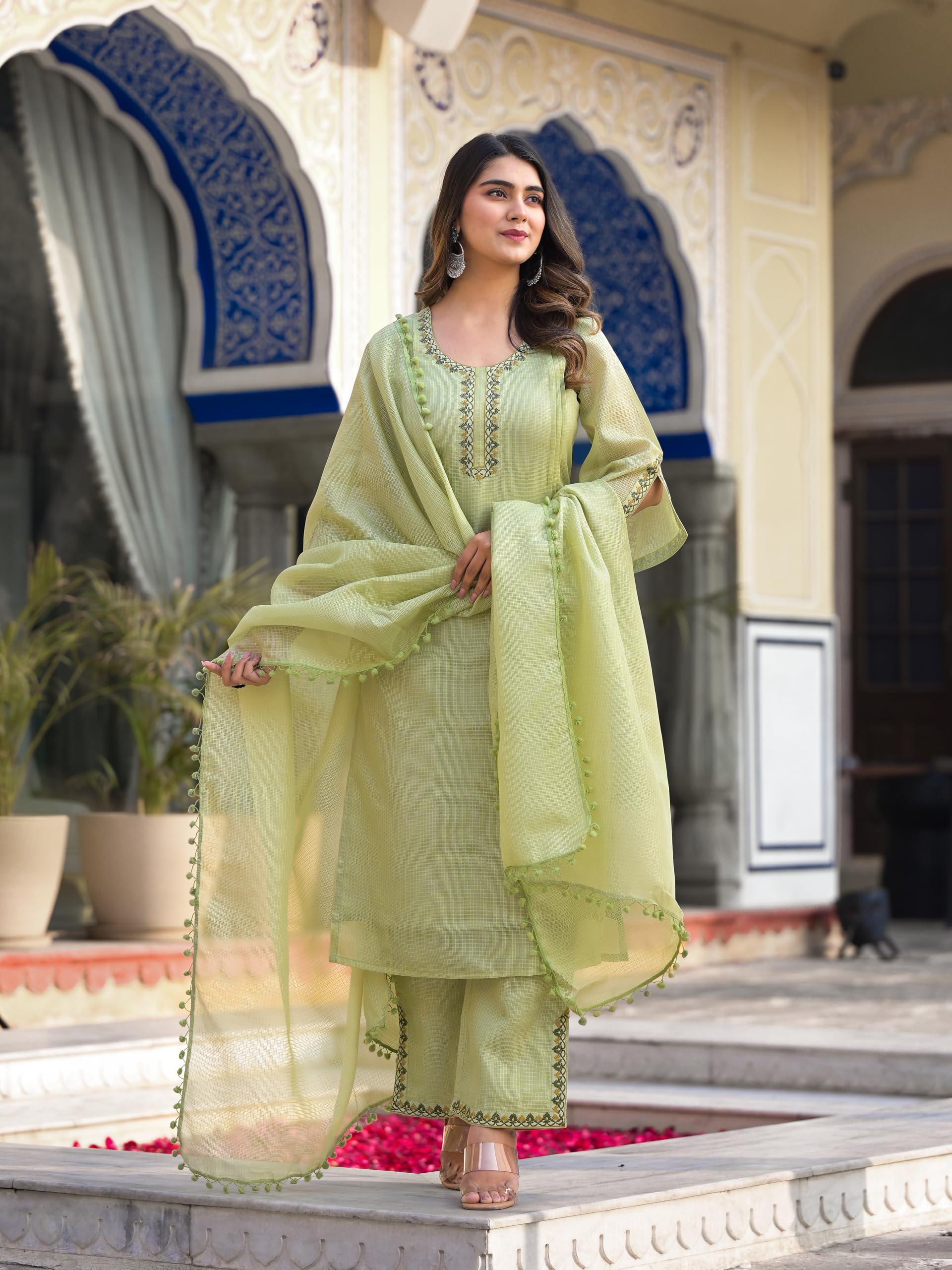 Varanga Lime Green Kota Check Thread Embroidered Kurta With Bottom And Dupatta