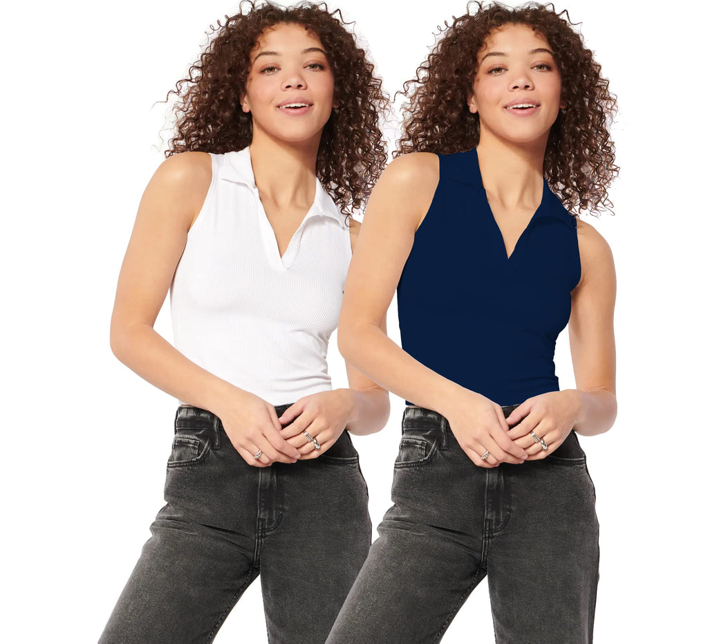 Shasmi Womens & Girls Solid Ribbed Polo Club Collar Sleeveless Slim Fit Simplicity Tank Tops (Pack of 2) (TOP 49 White N Blue 