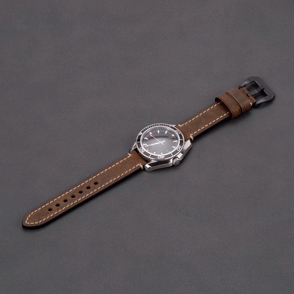 EACHE Leather Watch Bands for Men, 20mm Crazy Horse Handmade Watchband Dark Brown-Silver Hardware