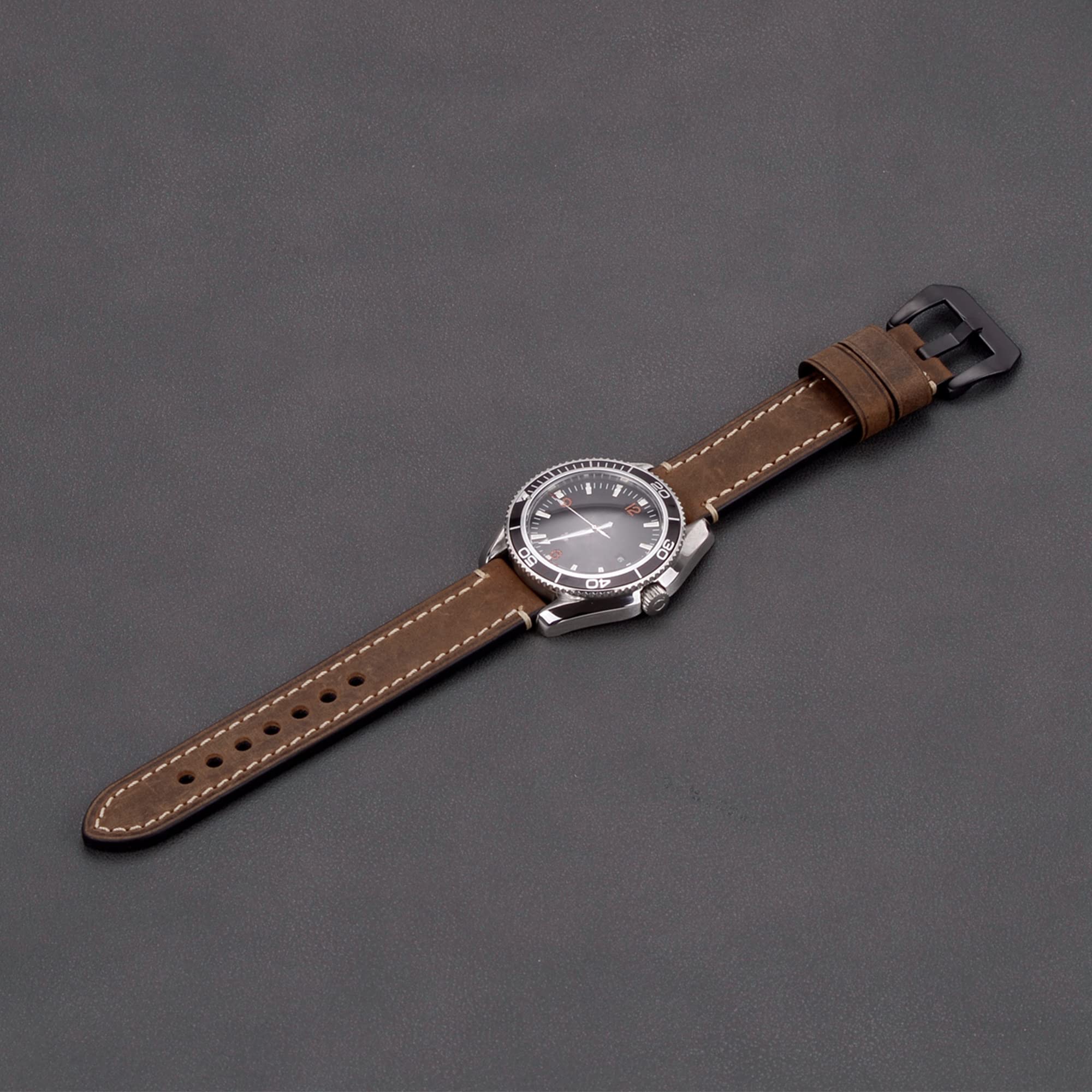 EACHE Leather Watch Bands for Men, 20mm Crazy Horse Handmade Watchband Dark Brown-Silver Hardware