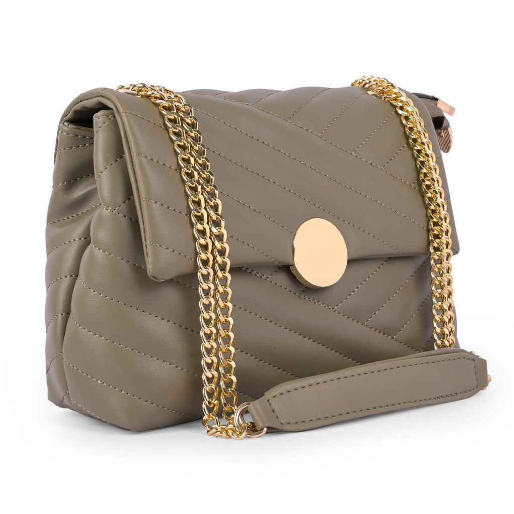 ADISA Womens Girls Quilted Cross Body Sling Bag with Gold Chain (SL5136) (Olive)