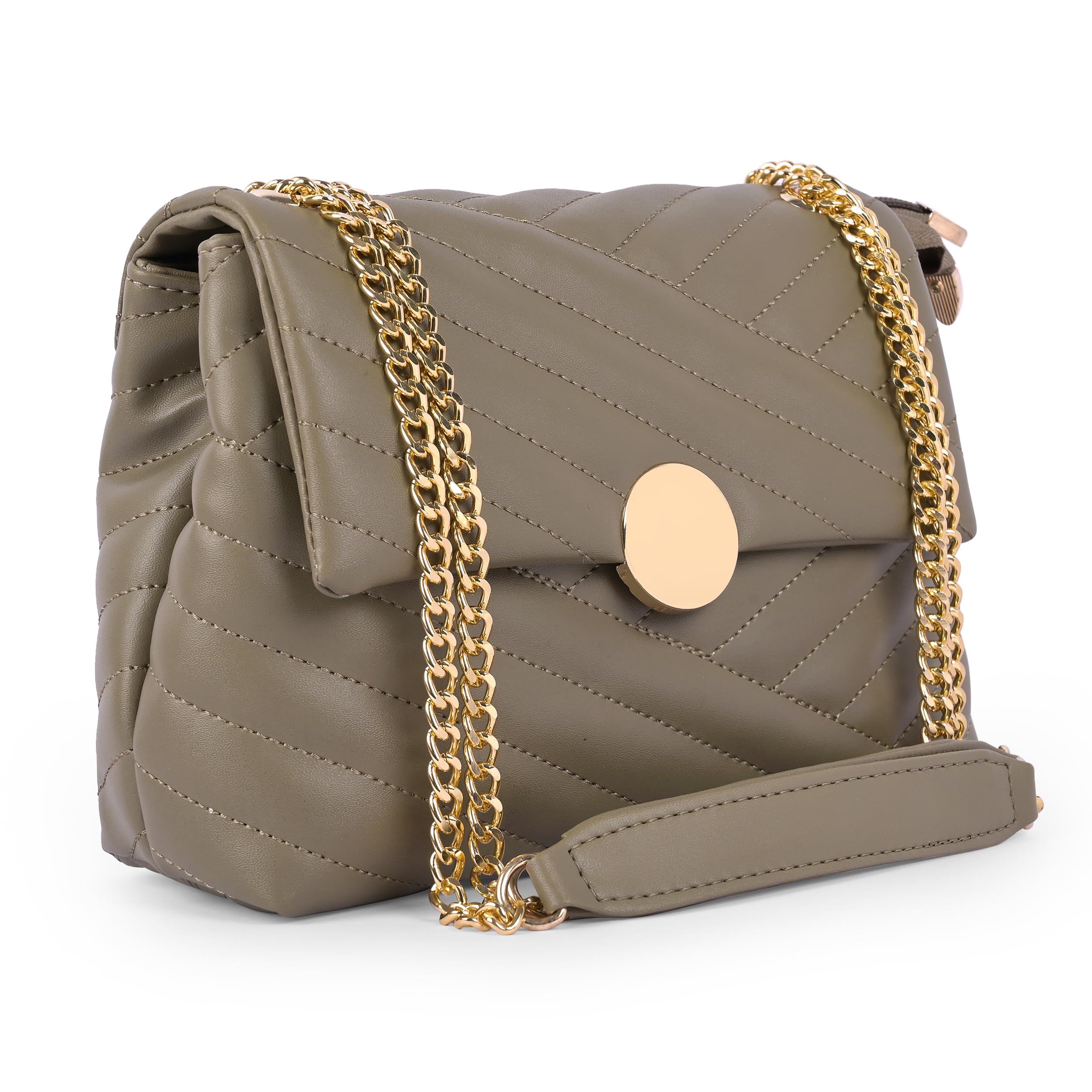 ADISA Womens Girls Quilted Cross Body Sling Bag with Gold Chain (SL5136) (Olive)