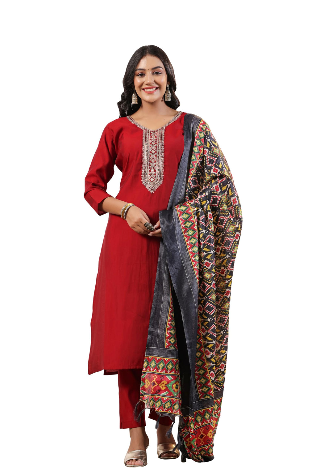 Ishin Women'S Maroon Ethnic Motifs Zari Work Staright Kurta With Trousers & Dupatta