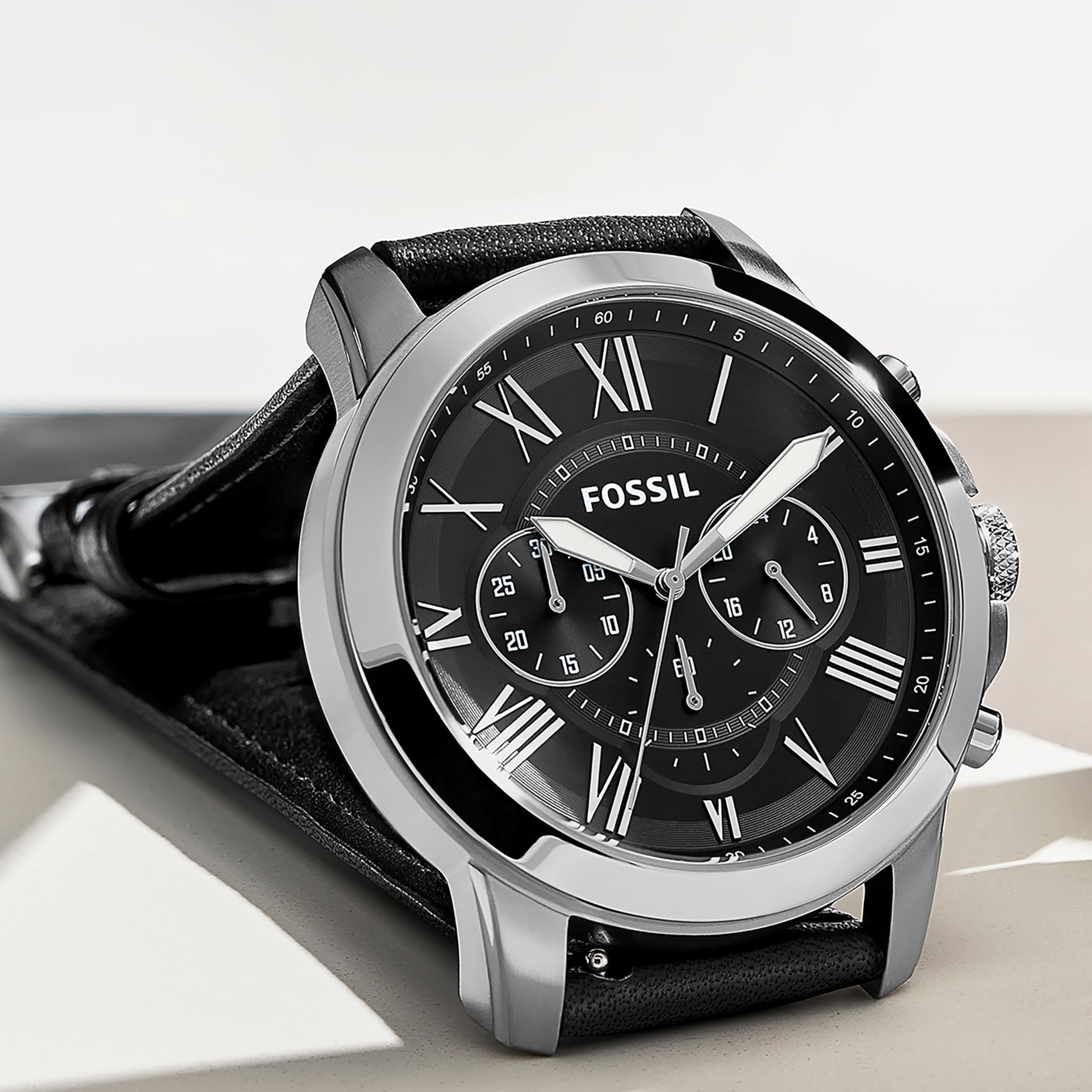 Fossil Men's Grant Quartz Stainless Steel and Leather Chronograph Watch, Color: Silver, Black (Model: FS4812)