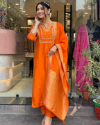 ANNI DESIGNER Women s Kurta with Trousers and Dupatta, Orange, Medium