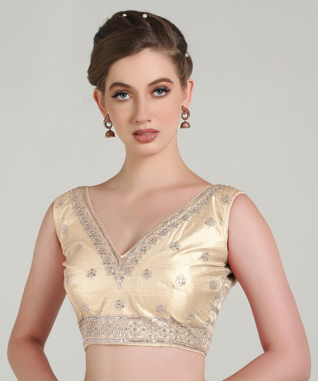 Pujia Mills WomenS Indian Ethnic Wear Designer Gold Zari Embroidery With Sequence Work V Neck Sleeveless Readymade Back Side Wo