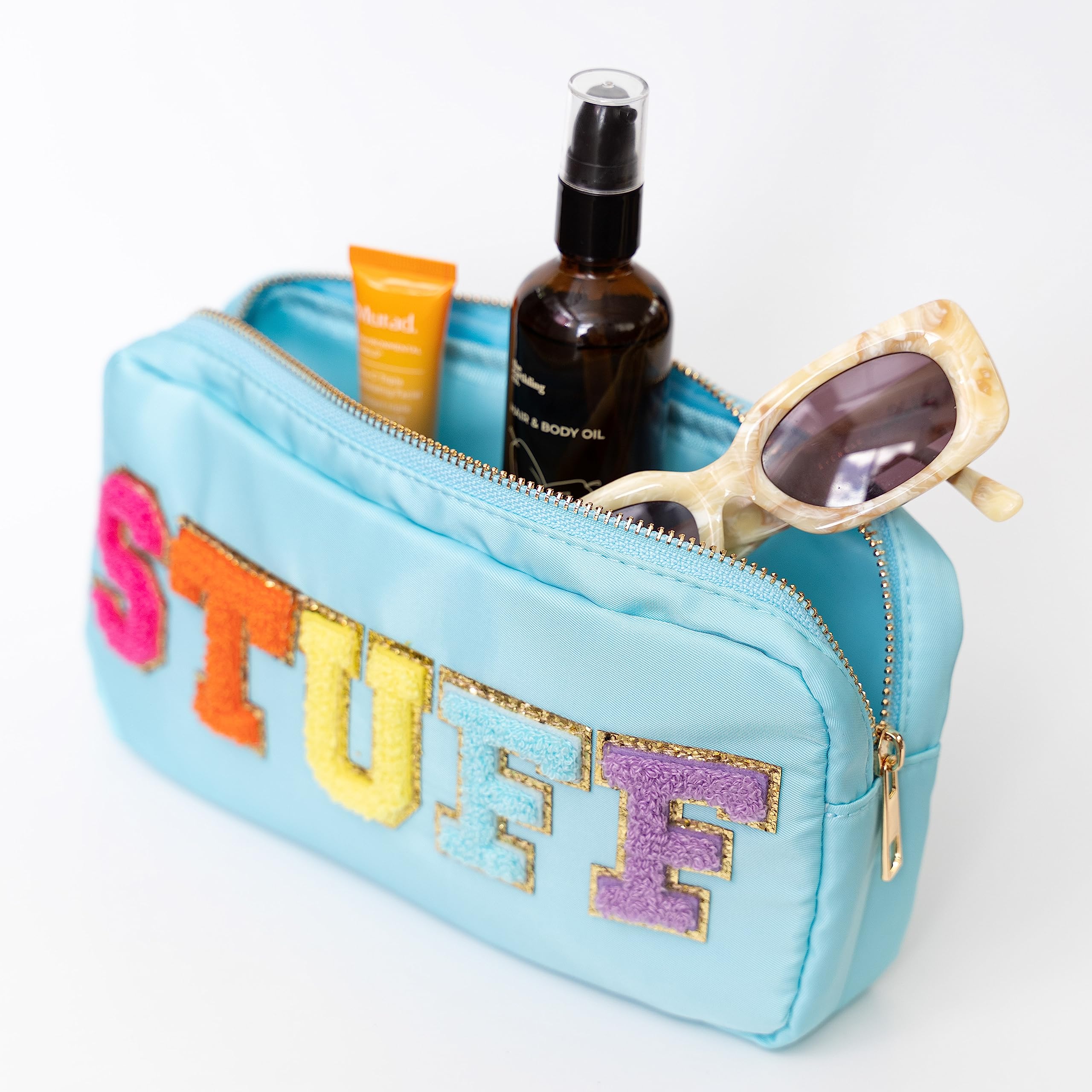 Fablinks Preppy Pouch, Chenille Varsity Letter Stuff Bag, Aqua Nylon Skin Care Patch Bags Organizer, Travel Make Up Skincare Cos