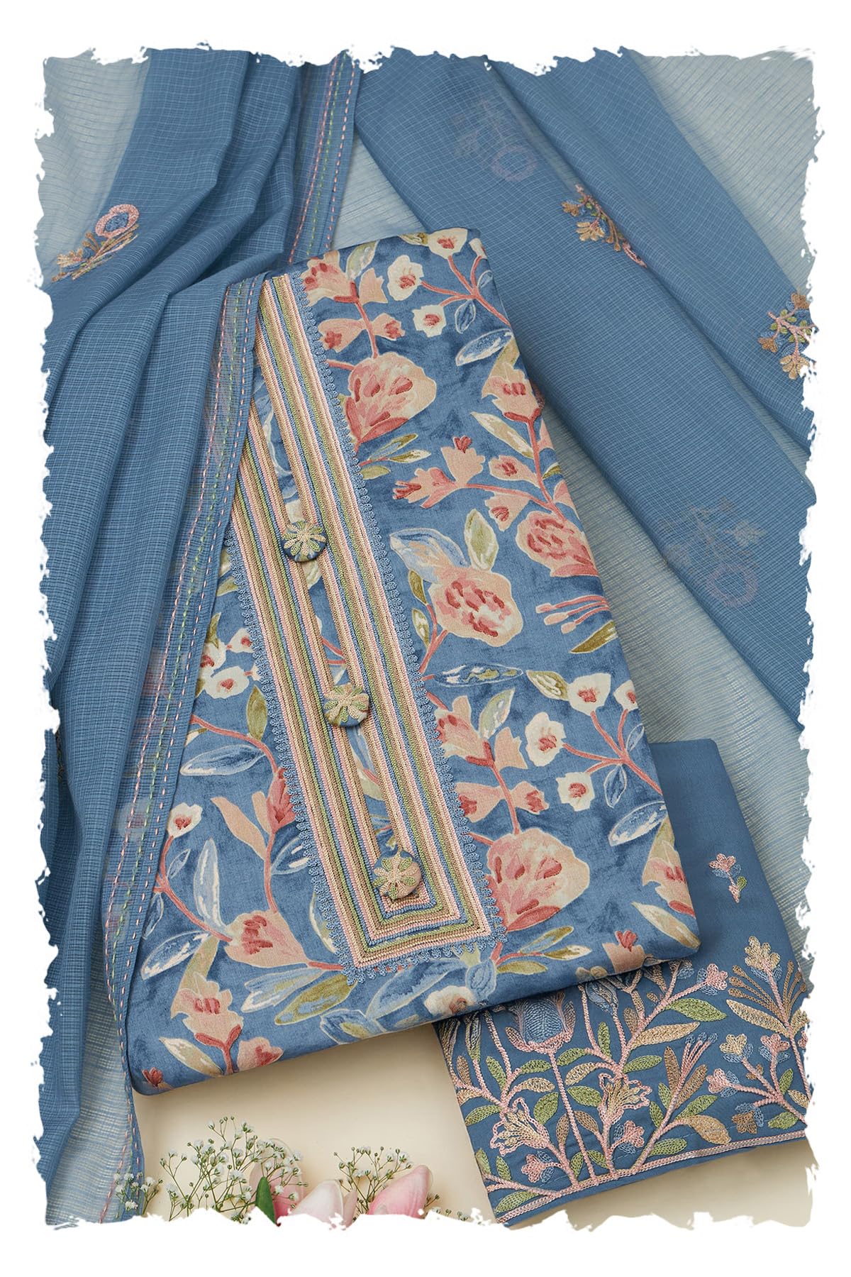 Soch Women Cotton Floral Print Unstitch Dress Material with Thread Work