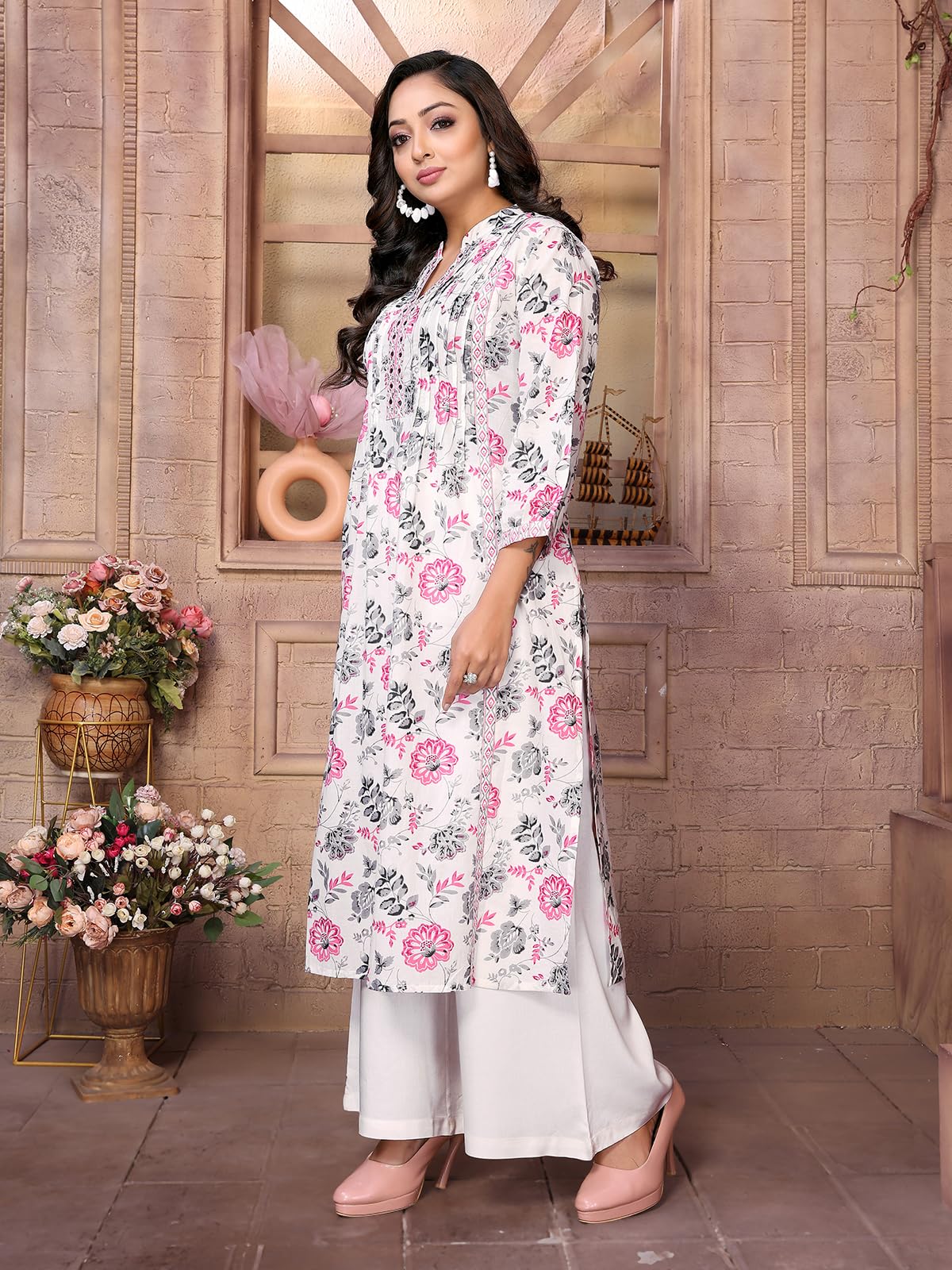 Rangita Pink Cotton Calf Length Embroidered A-Line Kurti | Kurta For Women_L