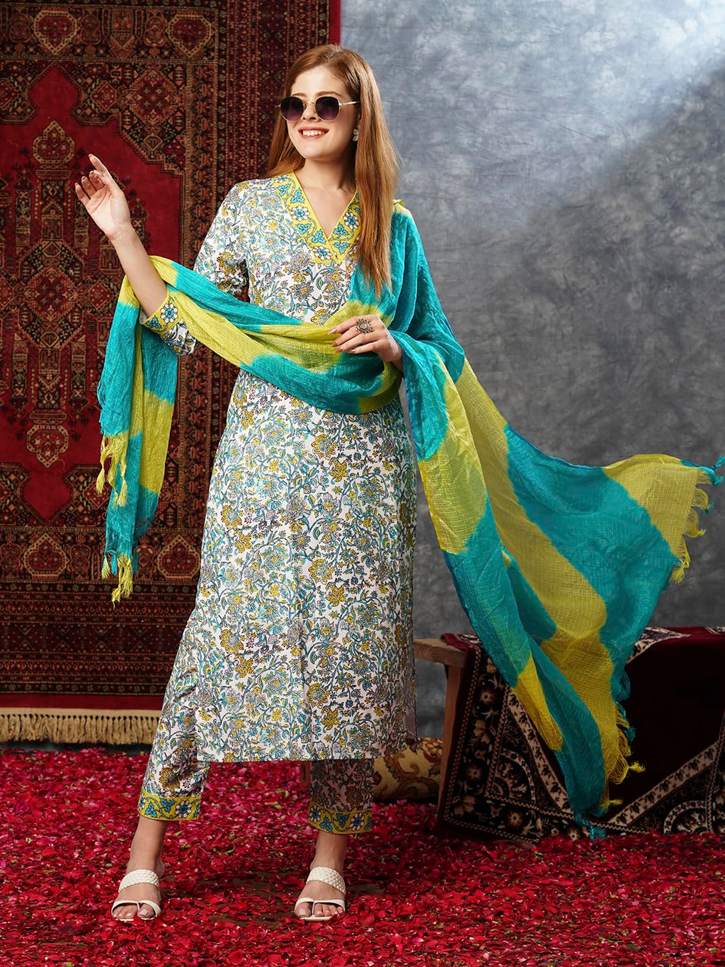 ANNI DESIGNER Ladies Rayon Blend Dupatta Kurta Trousers, green, L