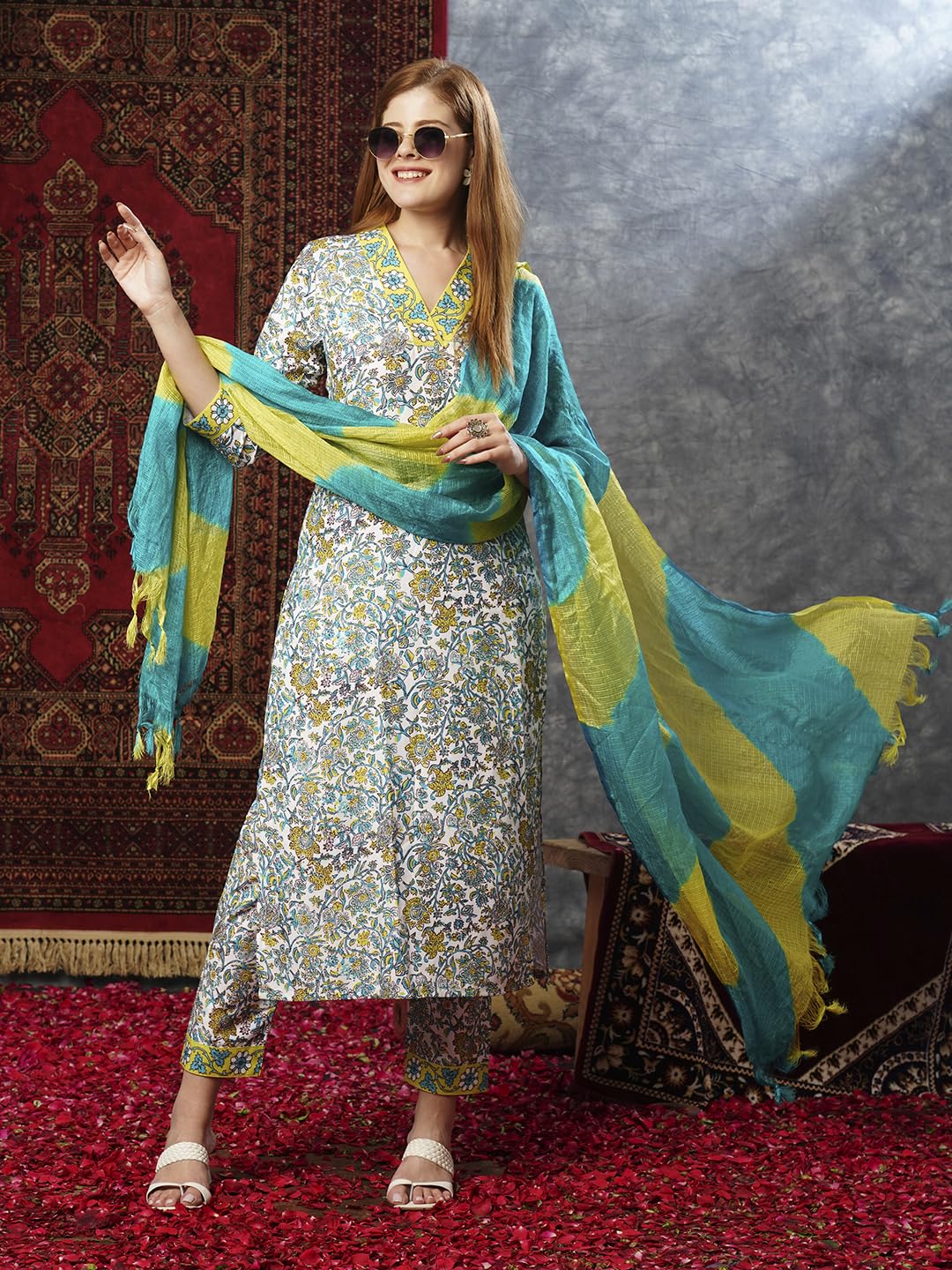 ANNI DESIGNER Ladies Rayon Blend Dupatta Kurta Trousers, green, L