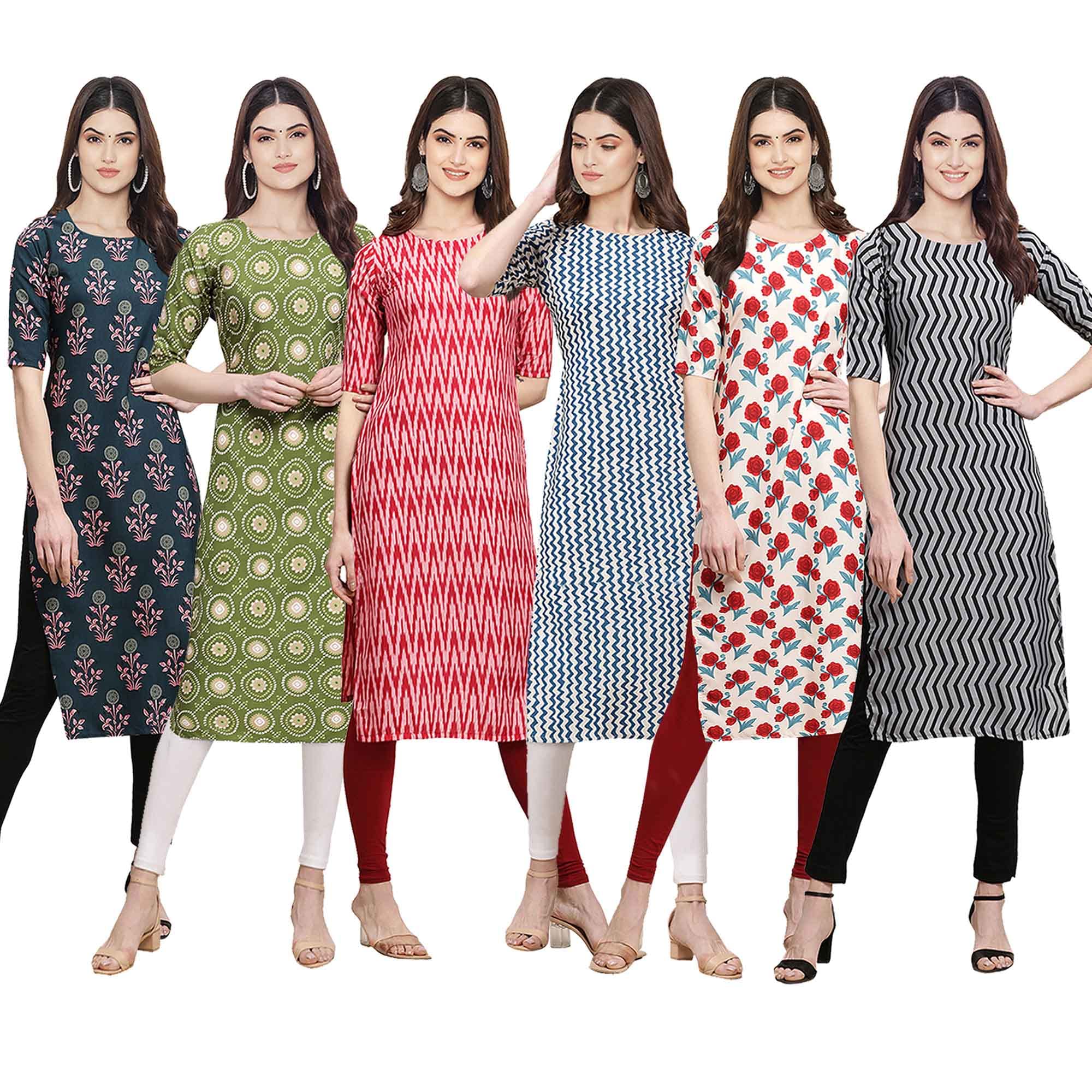 Pinkmint Womens Crepe Digital Print Straight Kurta [Pack of 6] (CKE-335-338-328-331-342-336-L)