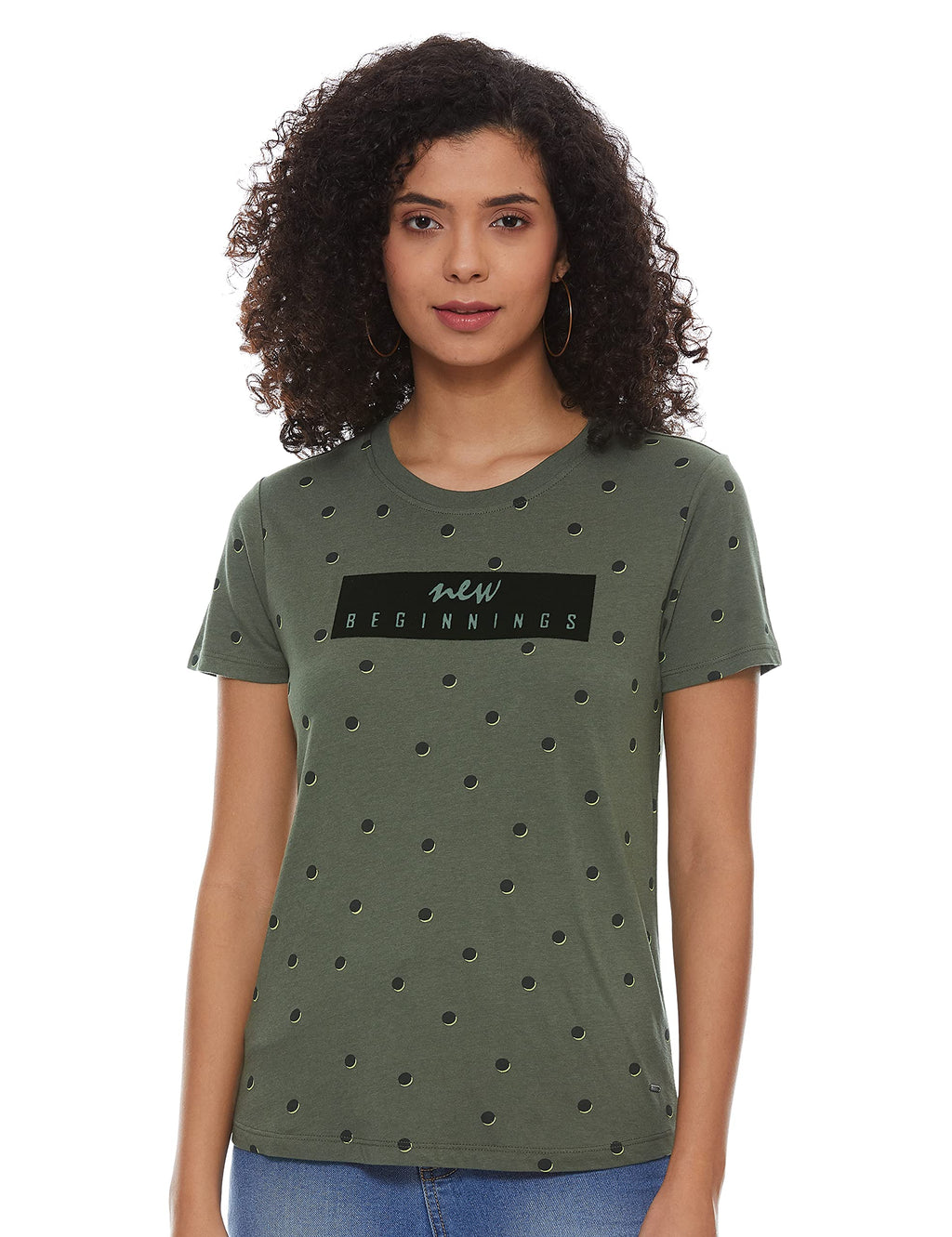 Pepe Jeans WomenS Polka Dot Regular Fit T-Shirt (Pl504565_Dk Olive Small)