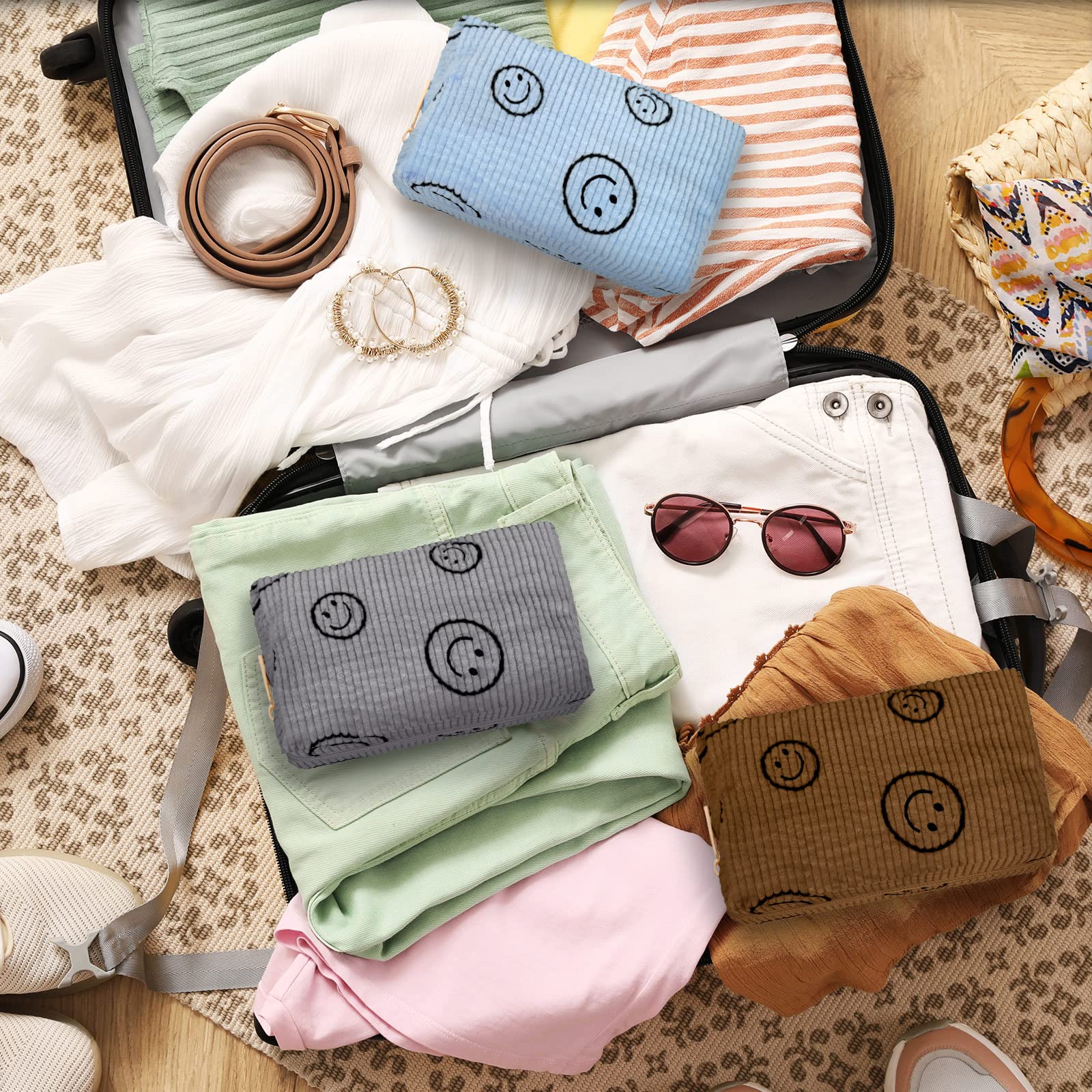 3 Pcs Corduroy Cosmetic Bag Smile Face Aesthetic Preppy Makeup Bag Corduroy Toiletry Aesthetic Pouch Travel Smile Bags for Women