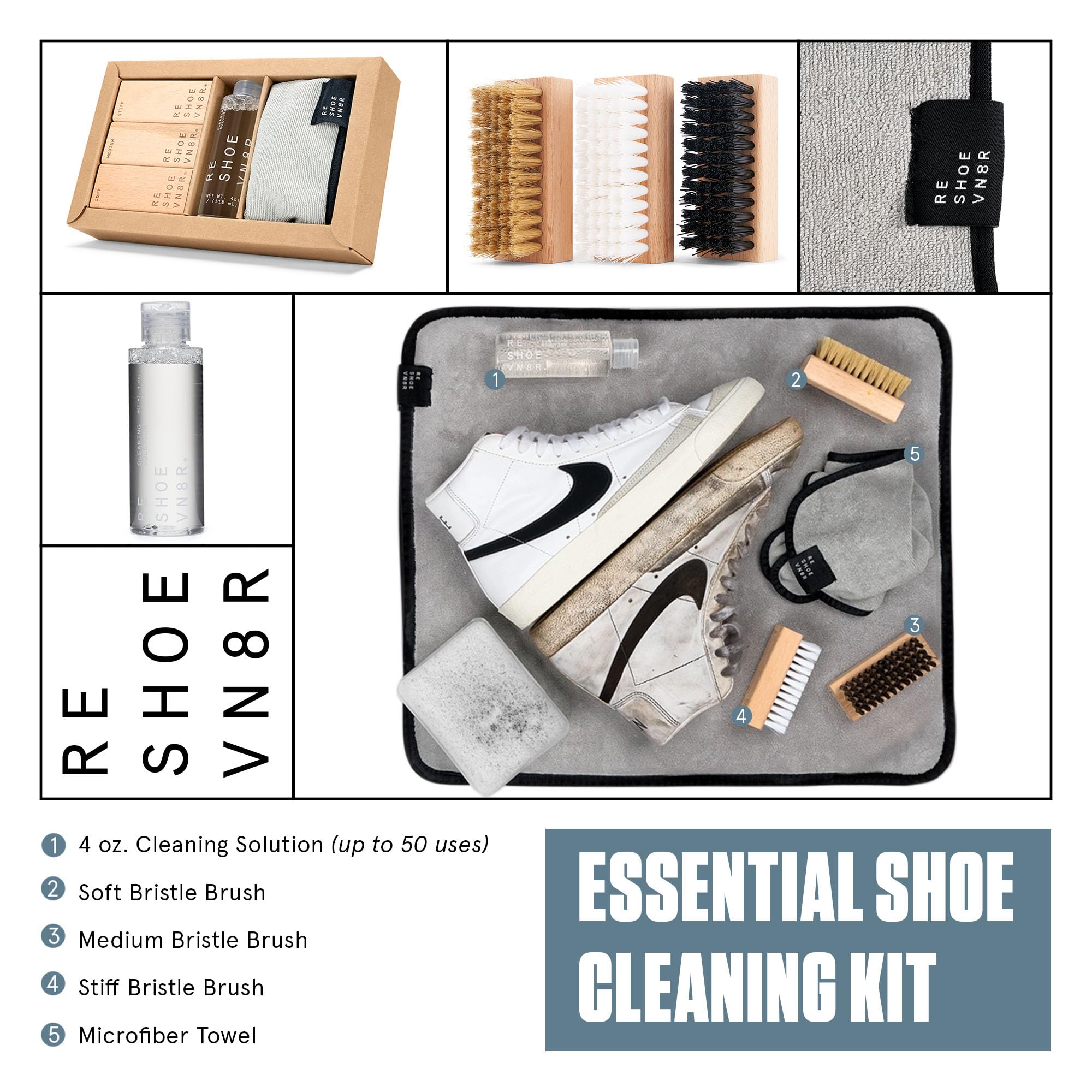 RESHOEVN8R Essential Shoe Cleaning Kit - 4oz Solution, 3 Brushes, Microfiber Towel - Safe for Suede, Leather, Canvas, Mesh - Up