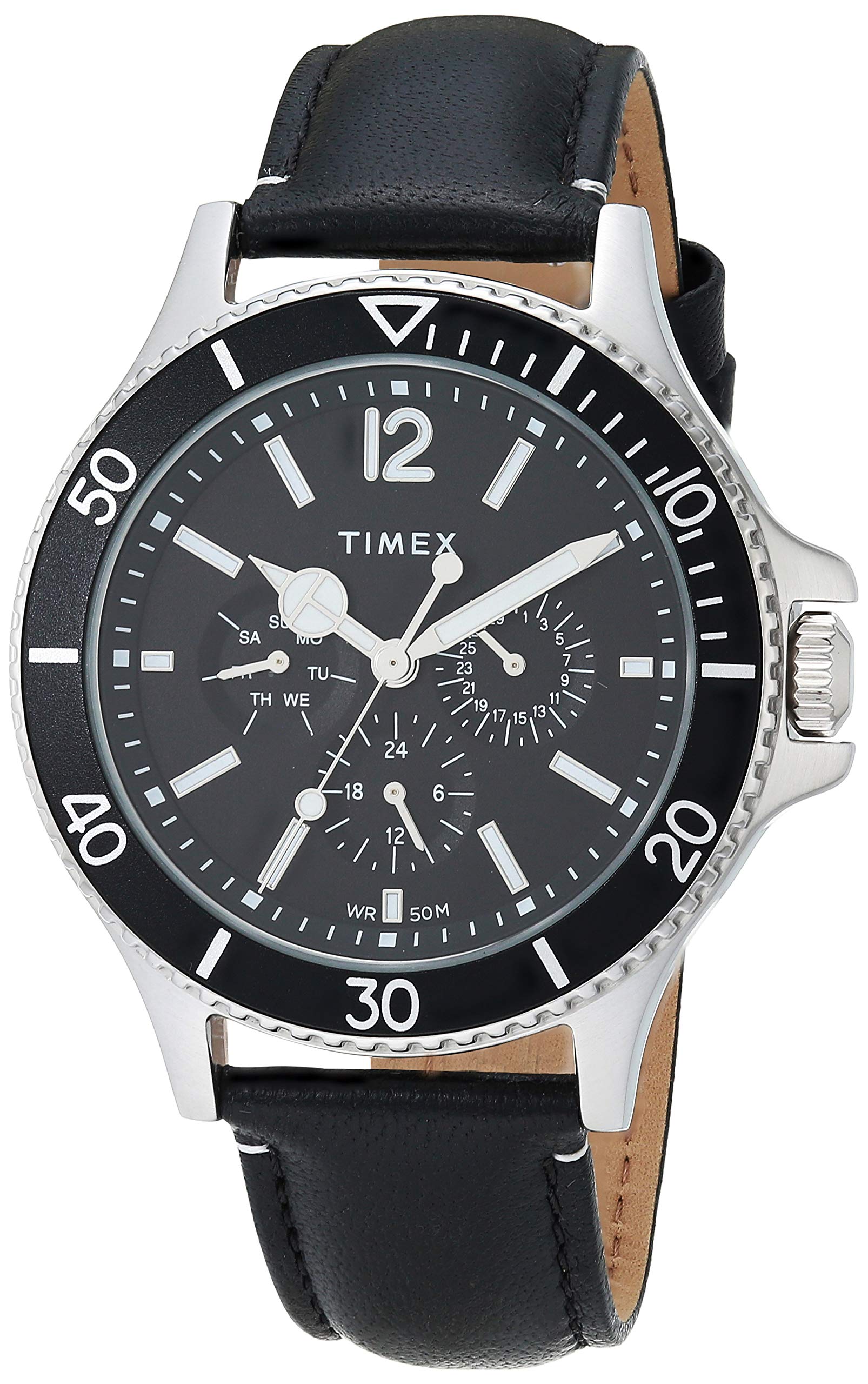 Timex Men's Harborside Multifunction 43mm Watch - Black Dial & Silver-Tone Case with Black Genuine Leather Strap