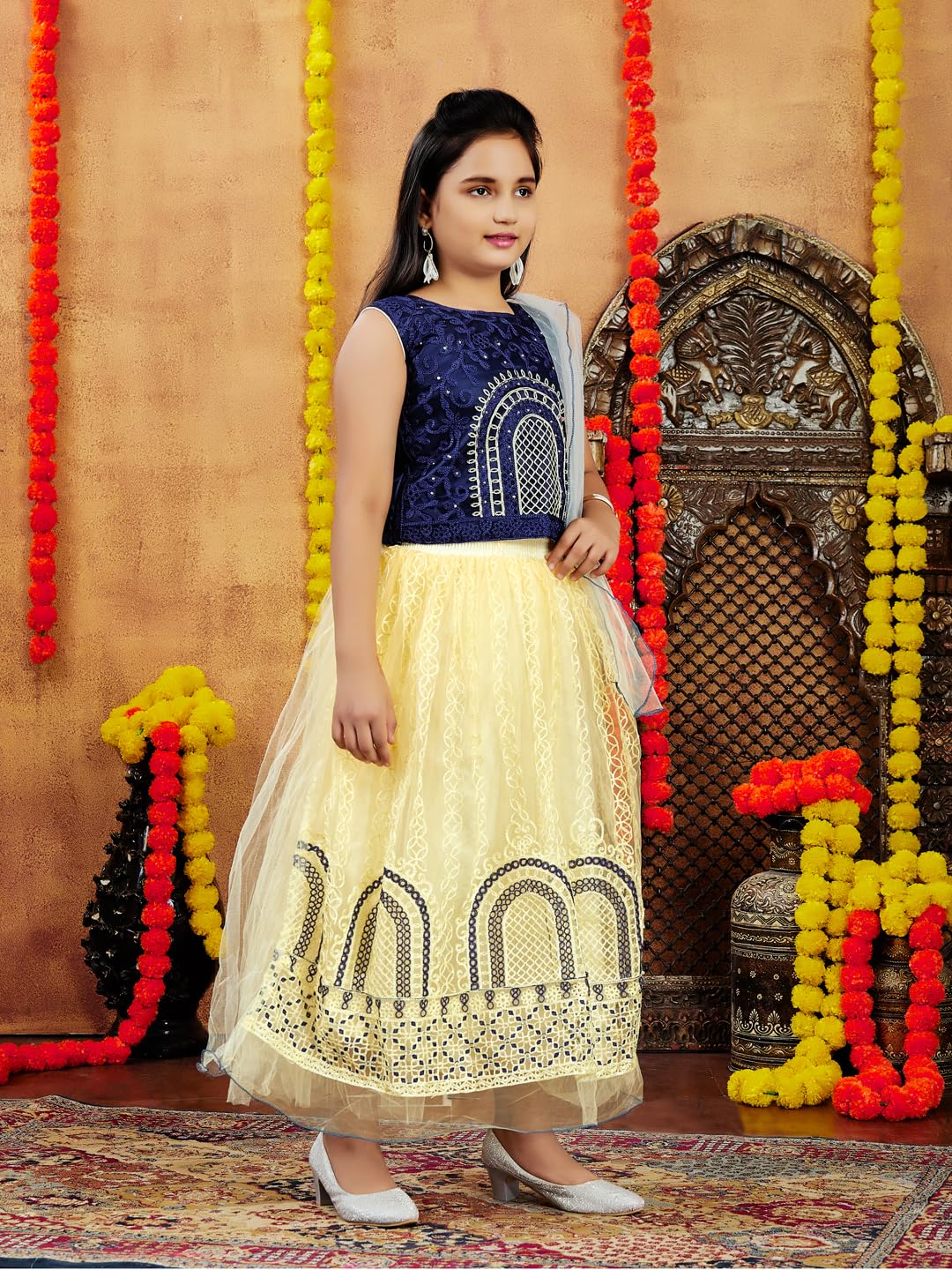 Aarika Girls Ethnic Wear Navy Blue-Beige Colour Thread Embroidery Net Lehenga Choli Set (4-10 Years)