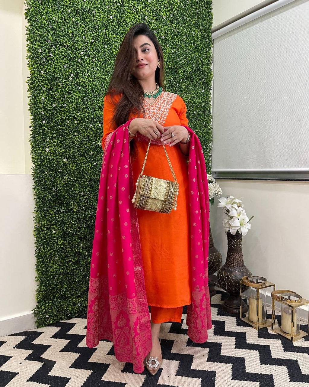 ANNI DESIGNER Women s viscose rayon embroidered straight Kurta with trousers and dupatta, Orange, 44