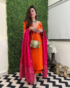 ANNI DESIGNER Women s viscose rayon embroidered straight Kurta with trousers and dupatta, Orange, 44
