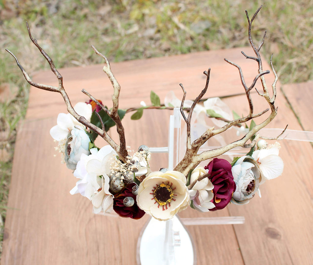 Deer Flower Crown Boho Flower Headband Hair Wreath Floral Headpiece Halo with Ribbon Wedding Party Festival Photos by Vivivalue