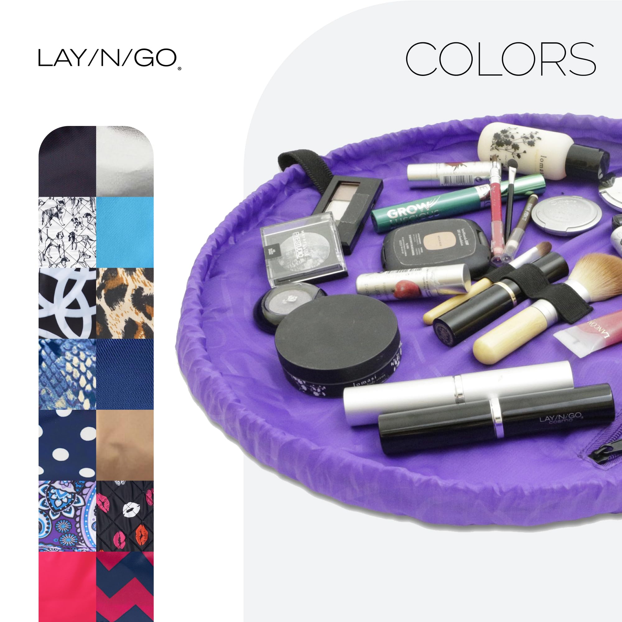 Lay-n-Go Cosmo Drawstring Makeup Bag Organizer, Water-Resistant Cosmetic Pouch for Travel, Stylish & Durable Toiletry Bag, Machi