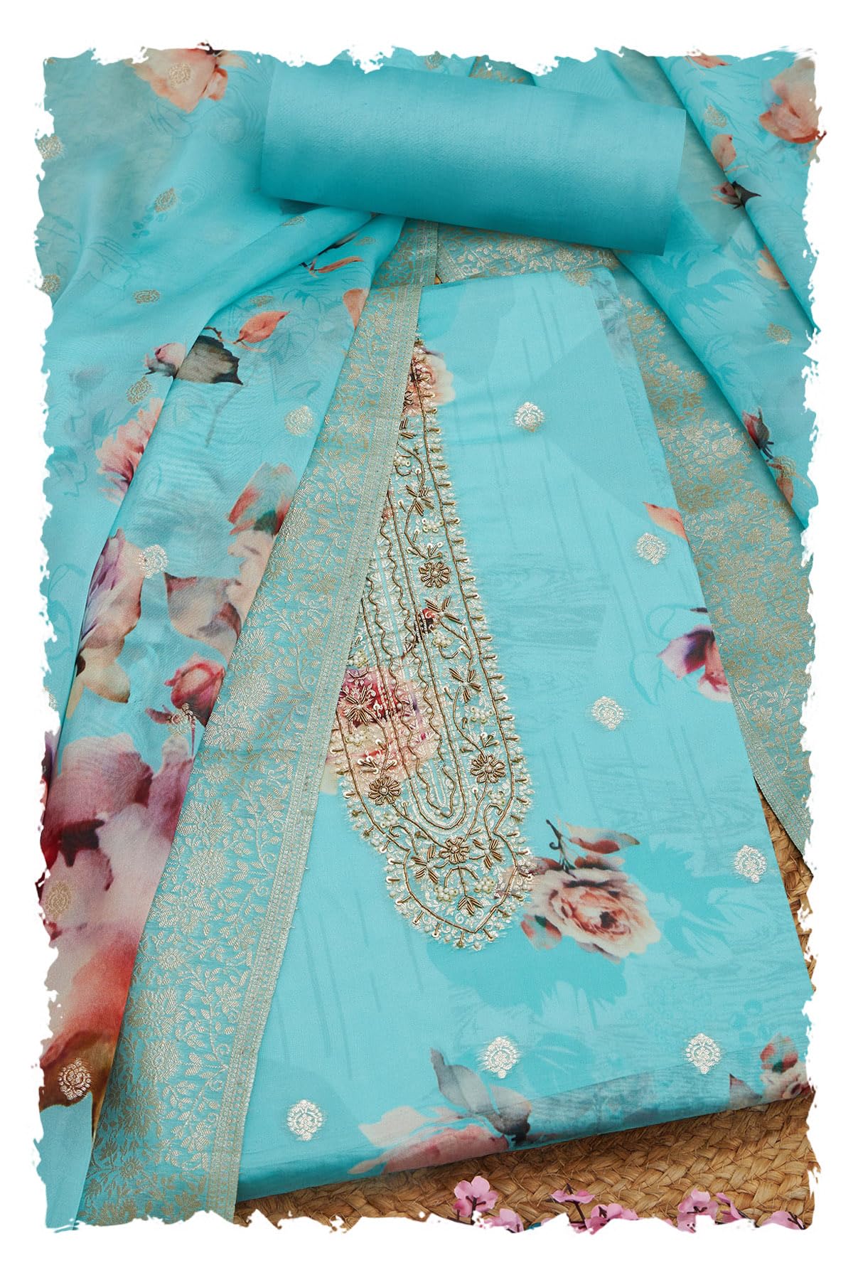 Soch Women Floral Print Unstitch Dress Material with Pearl