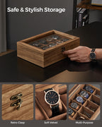 SONGMICS Watch Box, 10-Slot Watch Case, Solid Wood Watch Box Organizer with Glass Lid, Rustic Walnut UJOW100K01