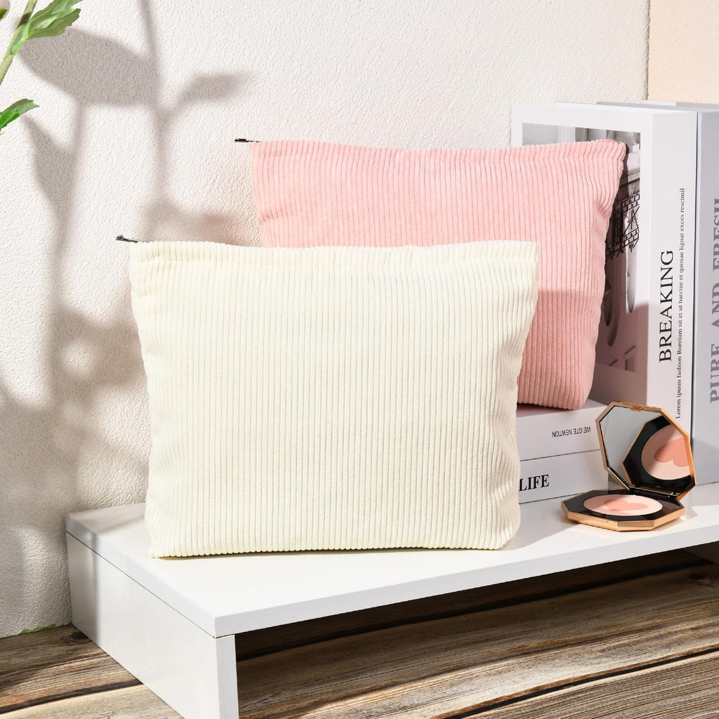 SOIDRAM 2 Pieces Corduroy Makeup Bag Large Corduroy Cosmetic Bag Capacity Canvas Travel Toiletry Bag Organizer Cute Makeup Brush