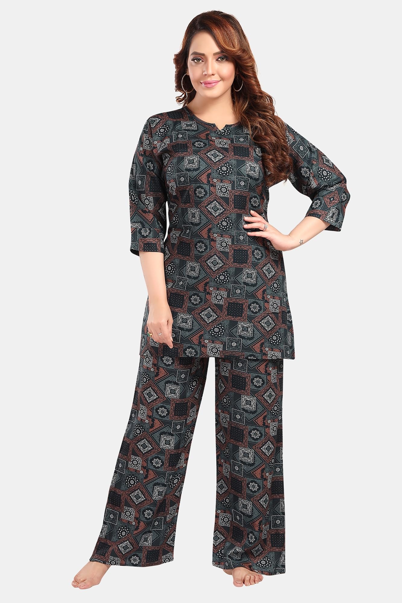 Fabme Women'S Geomatric Print, Dark Green, All Over Print Rayon Coord Set