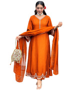 ANNI DESIGNER Womens Rayon Viscose Anarkali Embroidered Kurta with Pant & Dupatta (Ranibai Orange_L_Orange_Large)