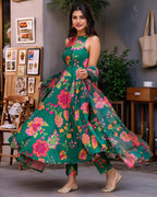 Gosriki Women'S Silk Blend Printed Anarkali Kurta With Pant & Dupatta