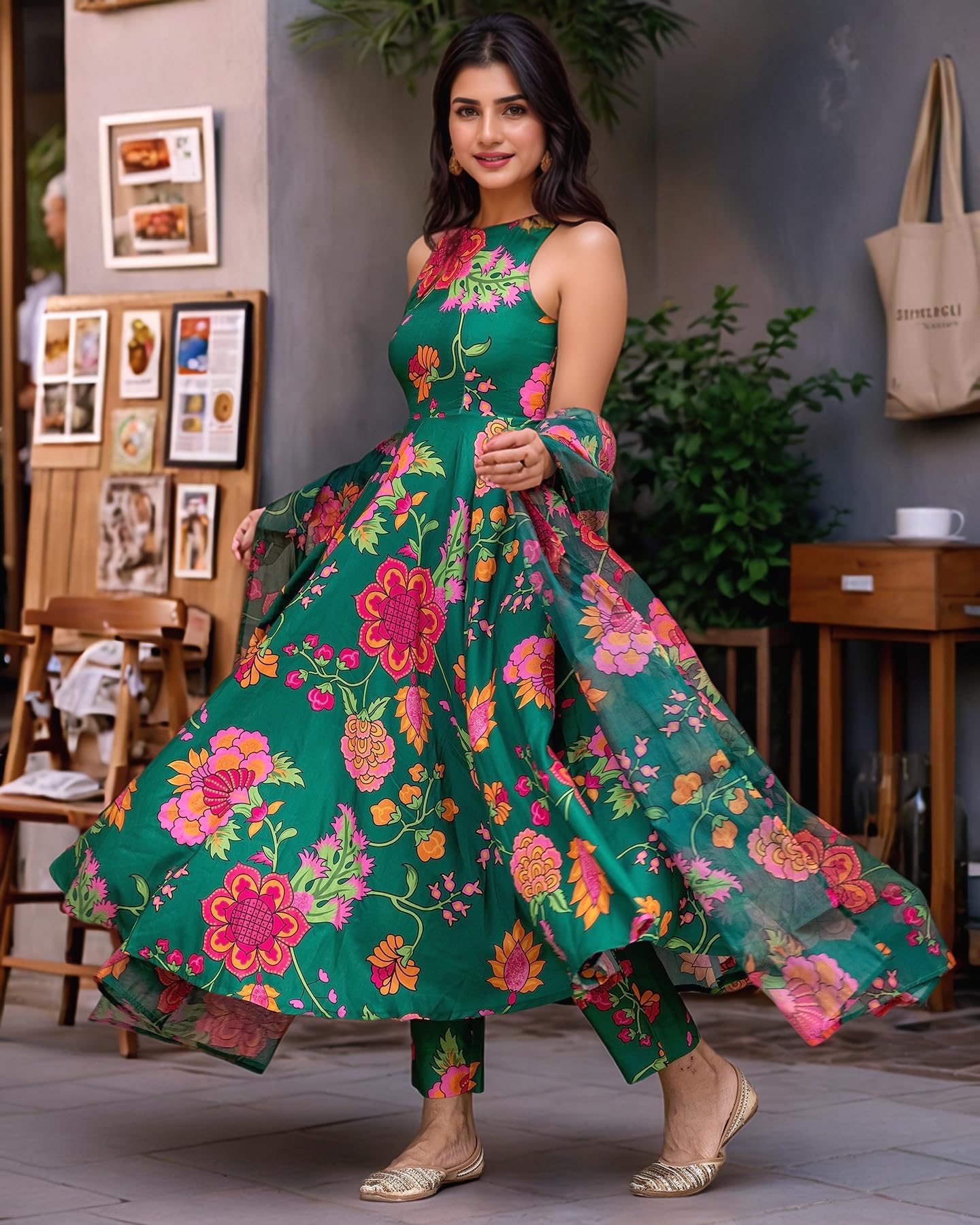 Gosriki Women'S Silk Blend Printed Anarkali Kurta With Pant & Dupatta