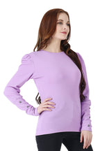 POPWINGS Casual Solid Puff Button Long Sleeves Regular Fit Tops for Women || Summer Round Neck and Stylish Western Lavender Top