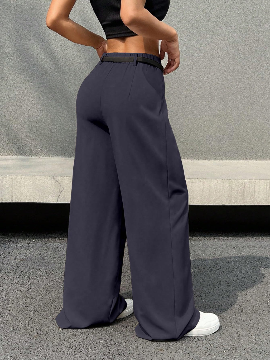 Shasmi Womens Navy Blue Pleated High Waist Wide Leg Pants  Elegant Loose Fit Black Trousers with Pockets, Casual & Office Wear S