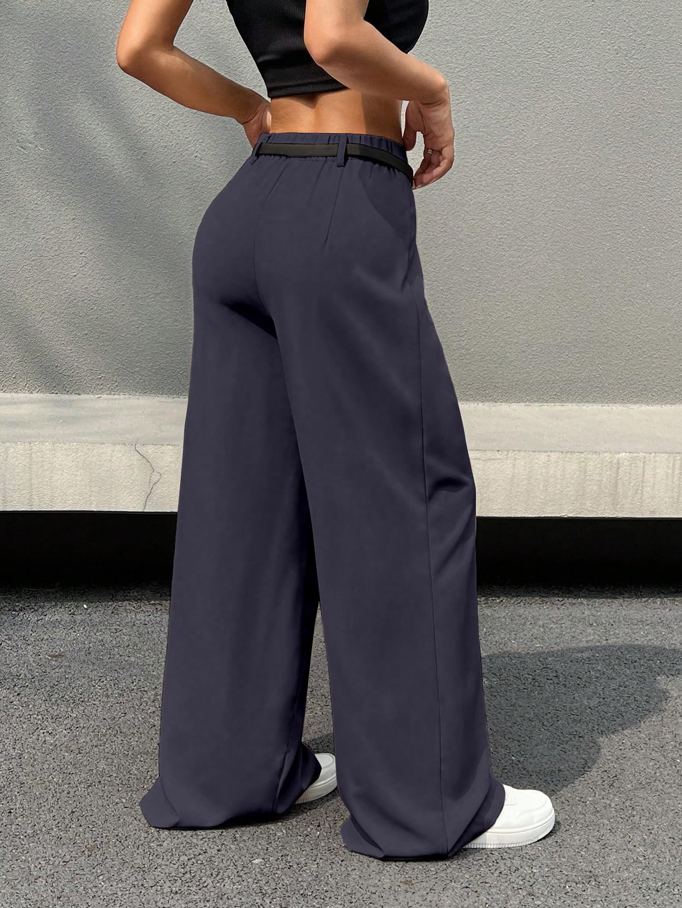 Shasmi Womens Navy Blue Pleated High Waist Wide Leg Pants  Elegant Loose Fit Black Trousers with Pockets, Casual & Office Wear S