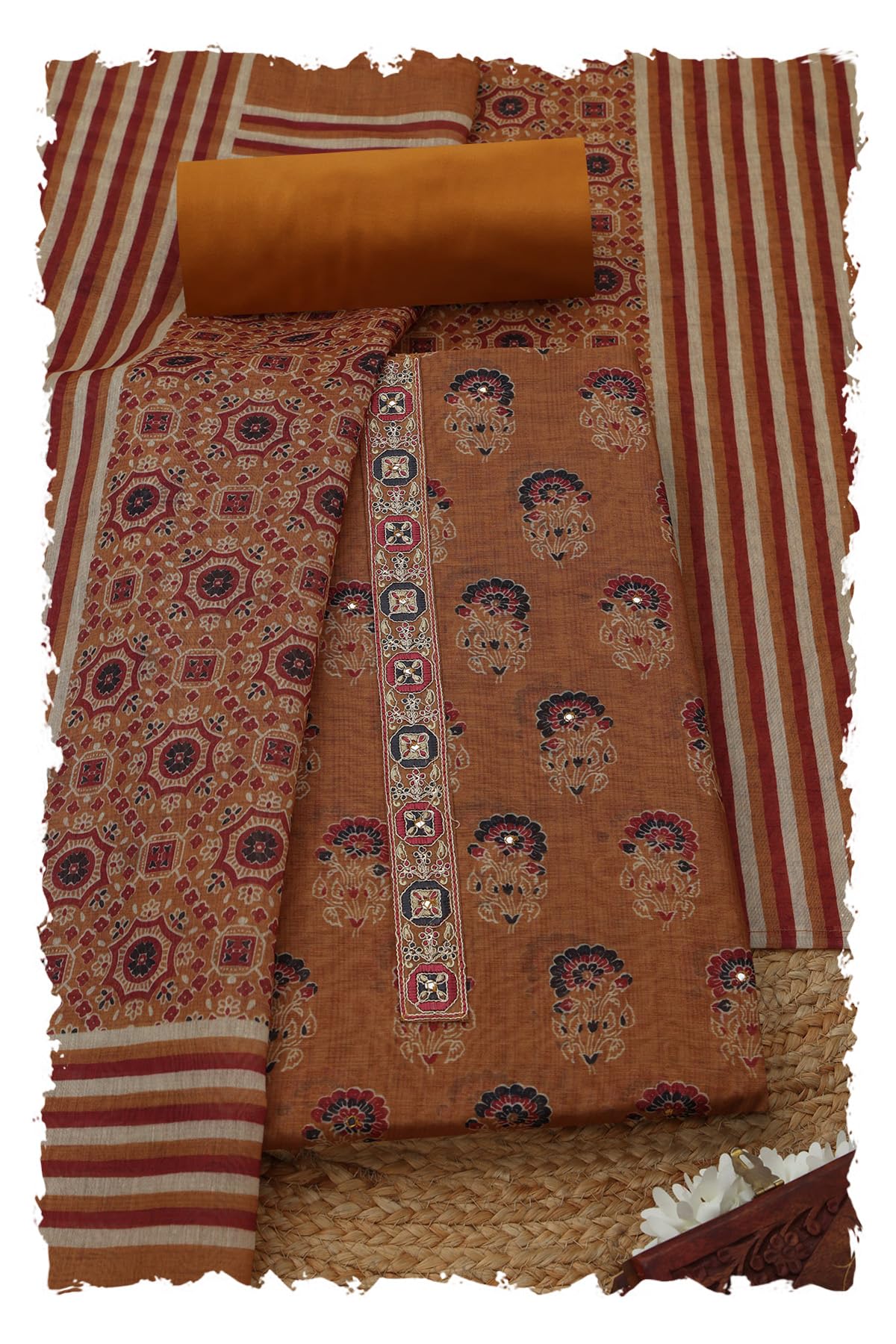 Soch Women Chanderi Floral Print Unstitched Dress Material with Faux Mirror