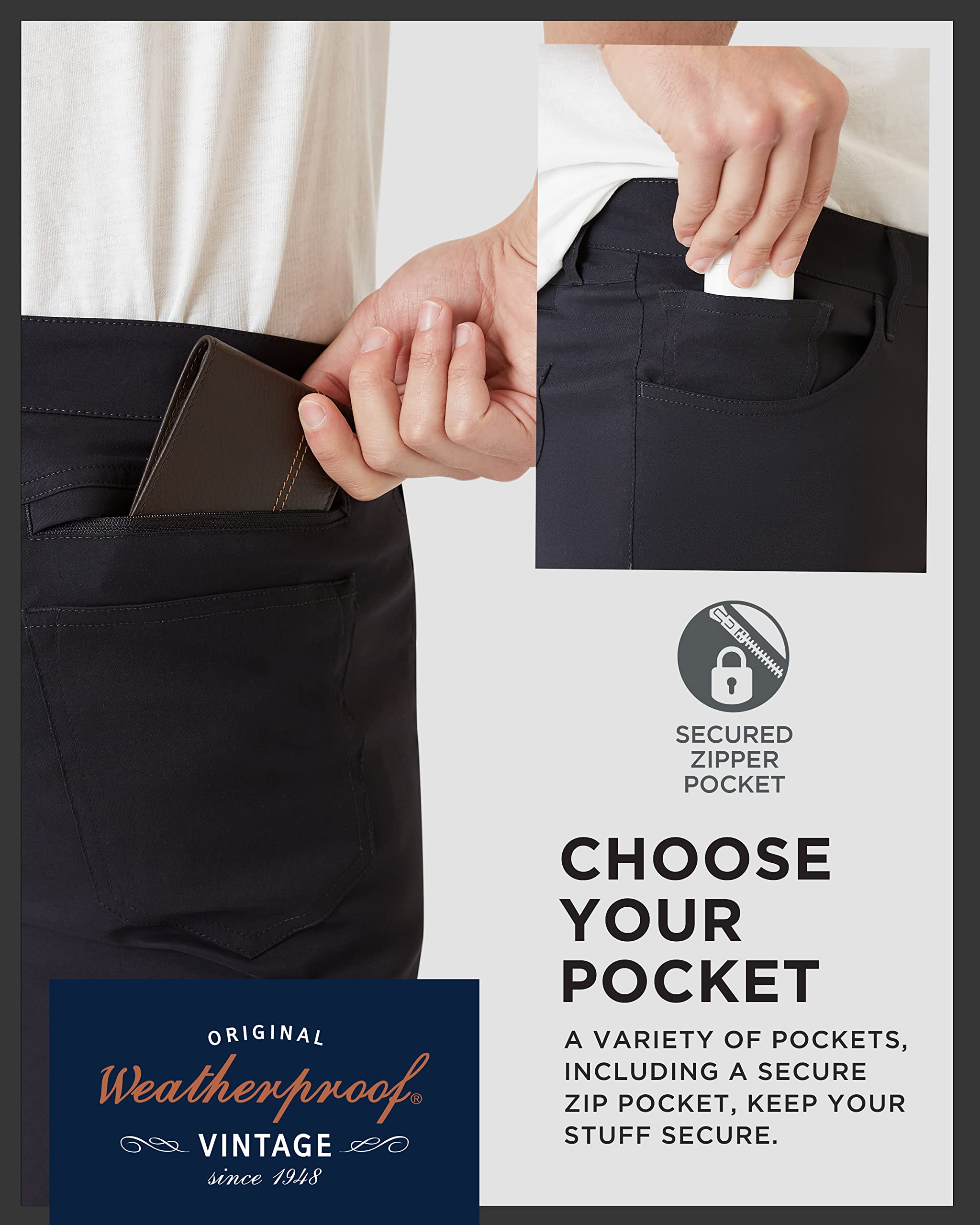 Weatherproof Vintage Hiking Pants for Men | Casual Stretch Pants for Men | Straight Slim Fit Chino Mens Tech Pants | Size 38W x