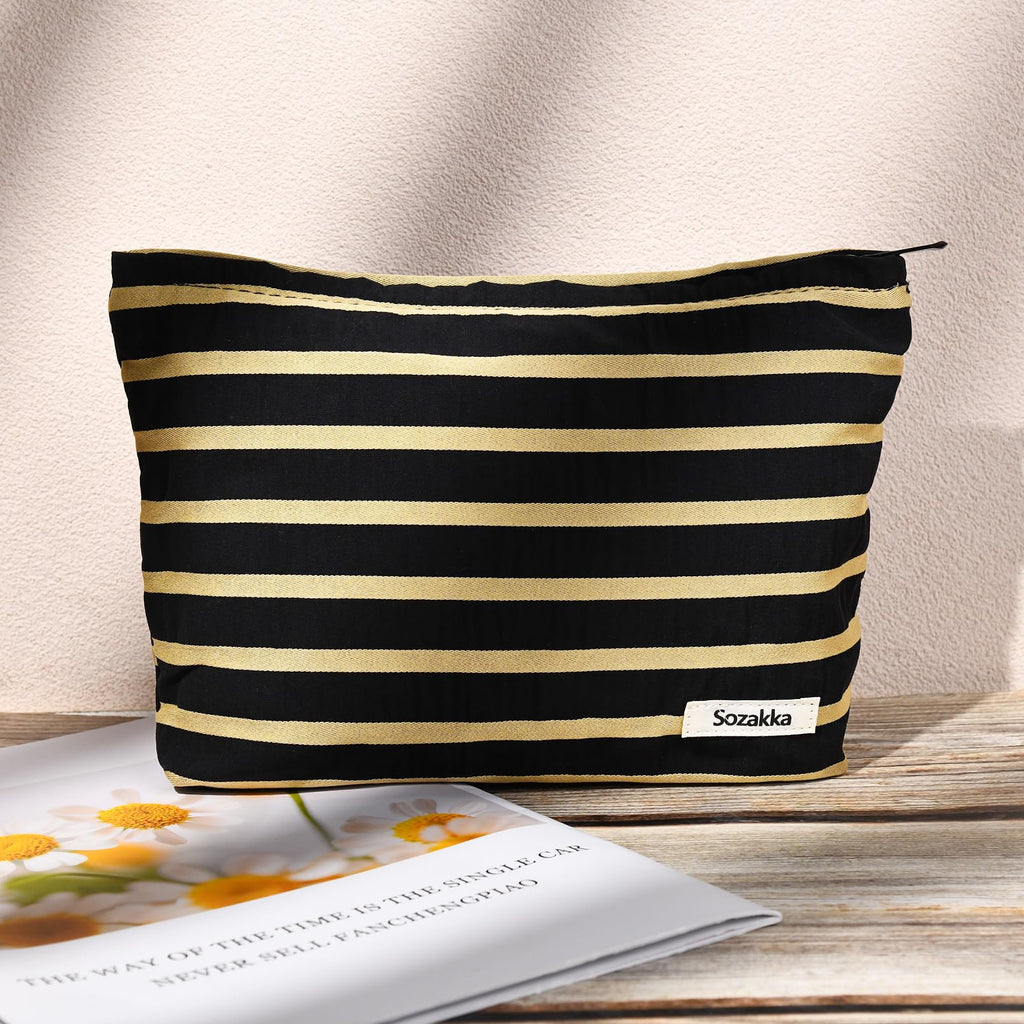 SOIDRAM 2 Pieces Makeup Bag Large Stripe Cosmetic Bag Capacity Canvas Travel Toiletry Bag Organizer Cute Makeup Brushes Aestheti