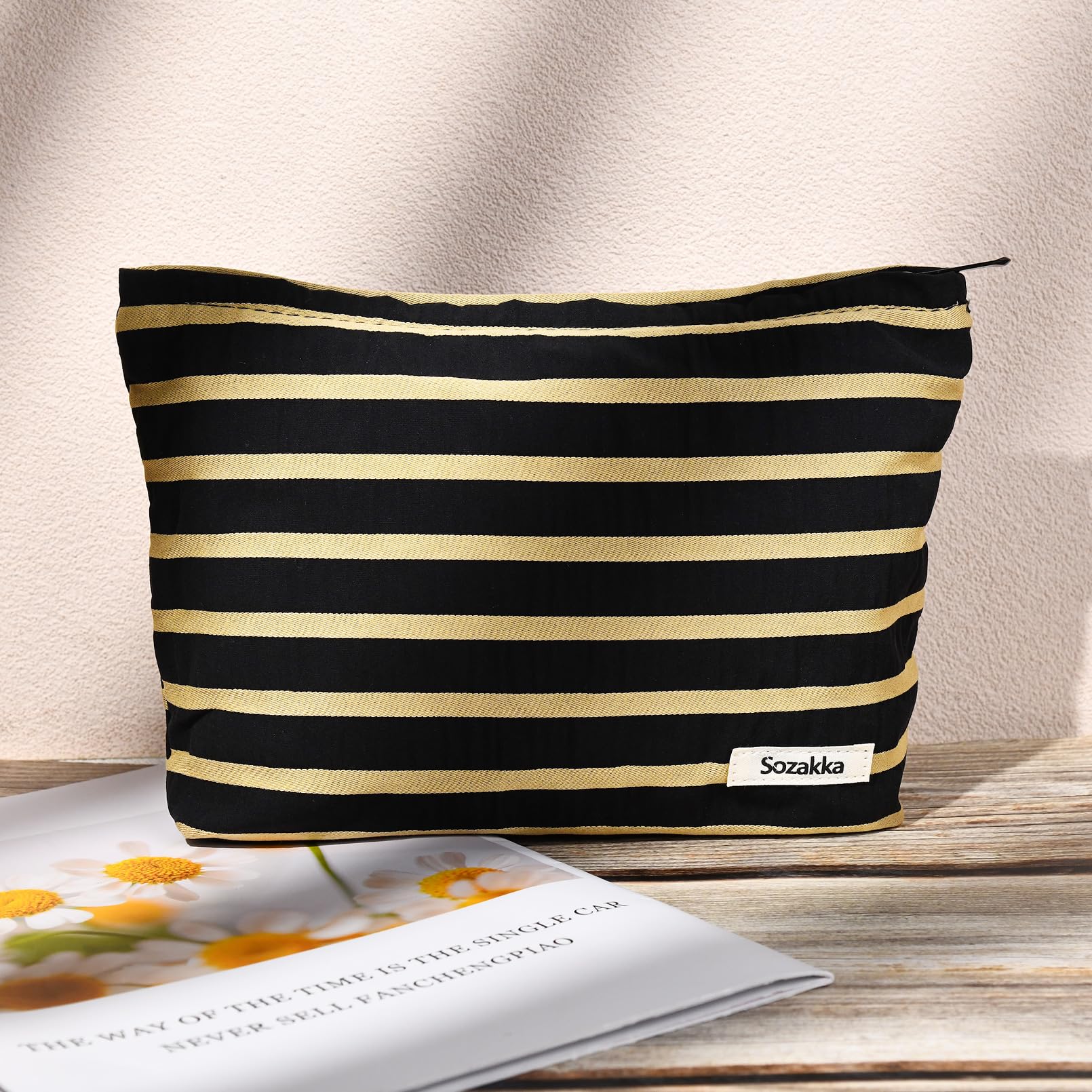 SOIDRAM 2 Pieces Makeup Bag Large Stripe Cosmetic Bag Capacity Canvas Travel Toiletry Bag Organizer Cute Makeup Brushes Aestheti