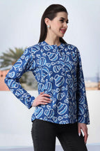 Popwings Casual Pure Cotton Bagru Ethnic Print Women Short Kurta Indigo Blue