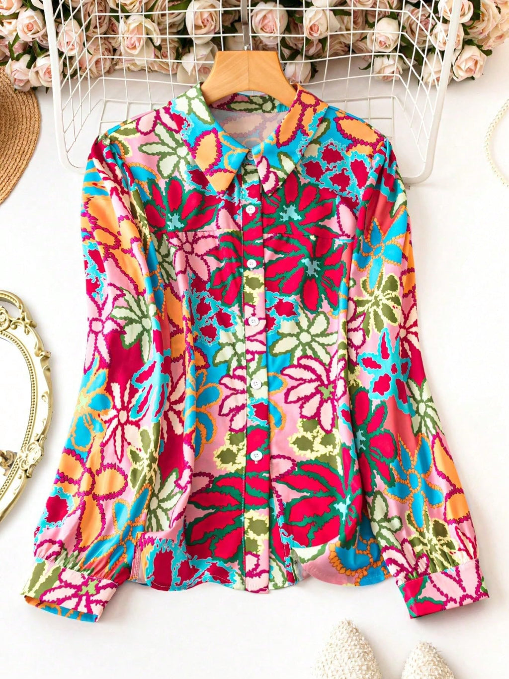 Shasmi Girls & Womens Solid Purple Colorful Casual Fit Lapel Cardigan Shirt Colorful Flower Printed Long Sleeve Shawl Collared