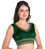 Pujia Mills Womens Sequin Embroidered V Neck Sleeveless Readymade Saree Blouse Indian Ethnic Designer Stitched Readymade Saree 