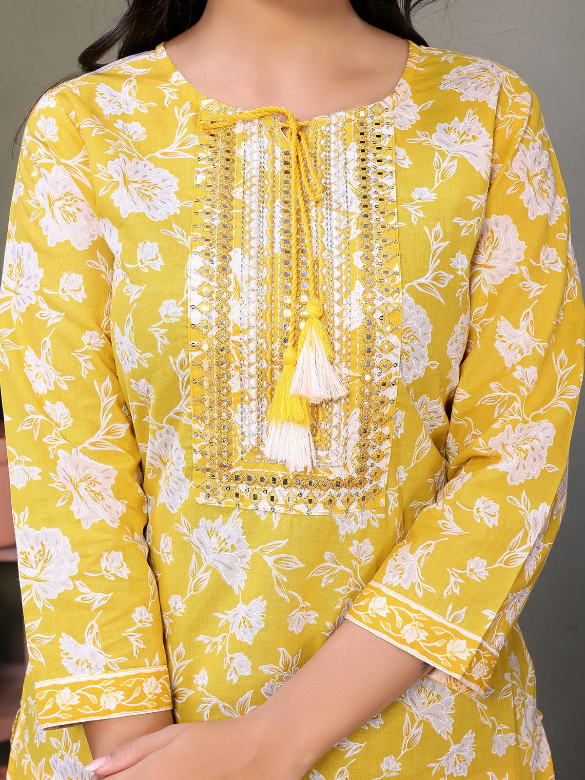 rangita Yellow Cotton Calf Length Embroidered Straight Kurti