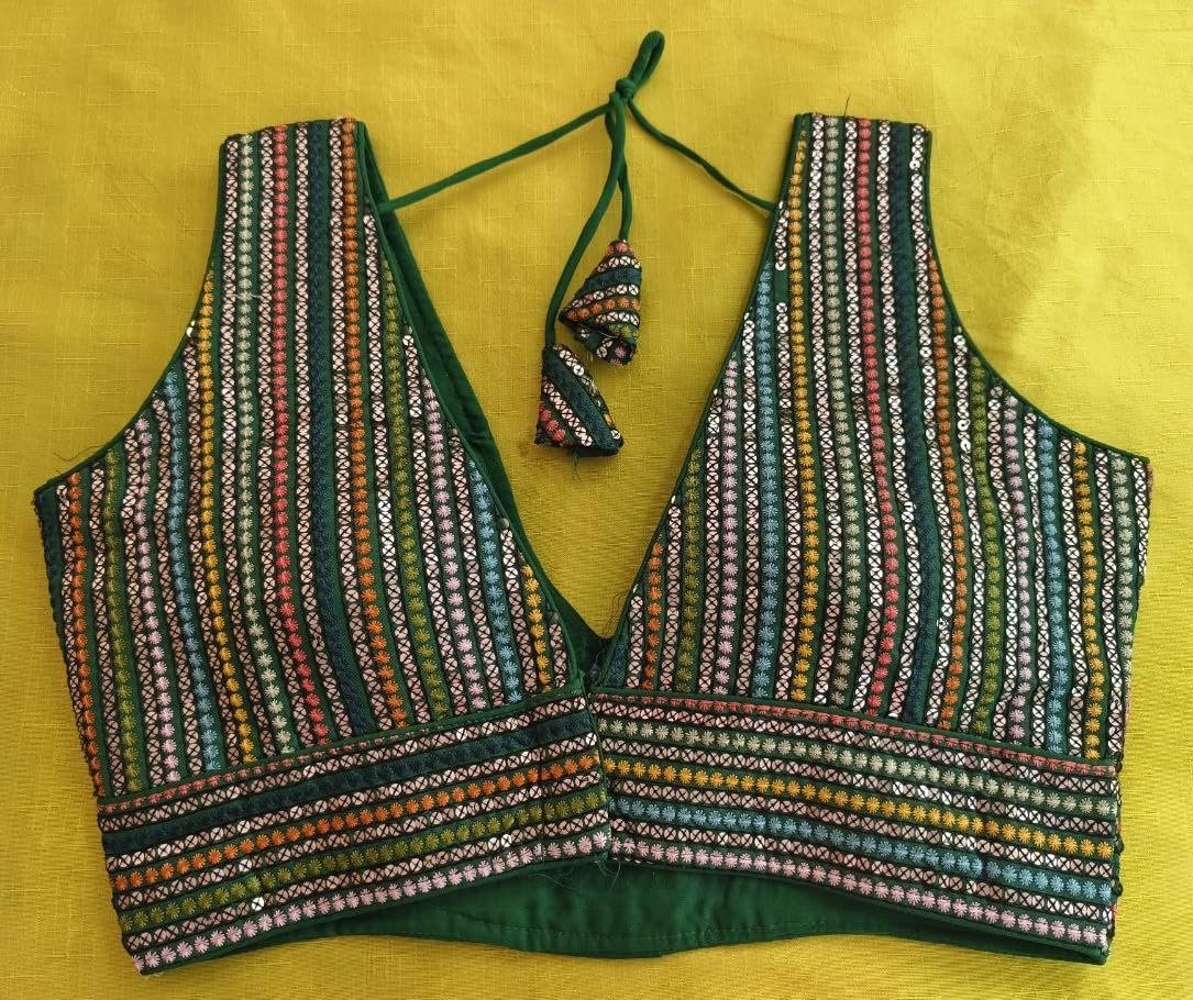 Pujia Mills WomenS Sleeveless Sabyasachi Pattern V Neck Embroidery Work With Sequence Indian Ethnic Wear Readymade Saree Blouse